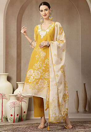 Digital Printed Chanderi Silk A Line Suit in Mustard