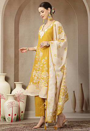 Digital Printed Chanderi Silk A Line Suit in Mustard