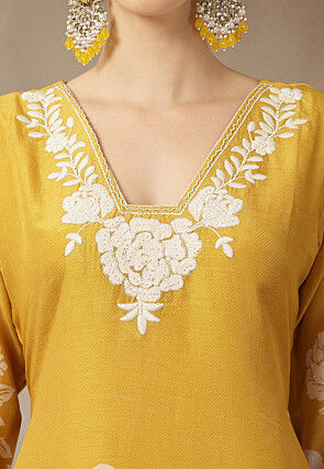 Digital Printed Chanderi Silk A Line Suit in Mustard