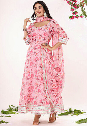 Digital Printed Chanderi Silk A Line Suit in Pink