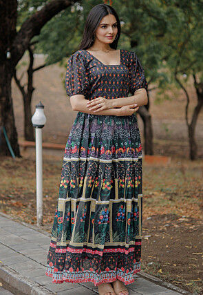 Digital Printed Chanderi Silk Gown in Black
