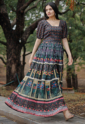 Digital Printed Chanderi Silk Gown in Black