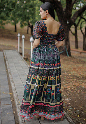 Digital Printed Chanderi Silk Gown in Black