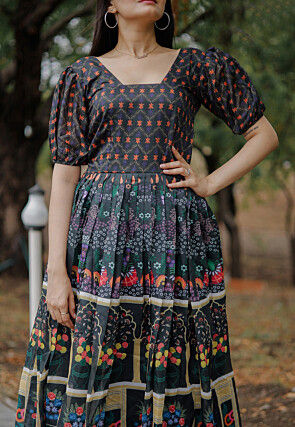 Digital Printed Chanderi Silk Gown in Black