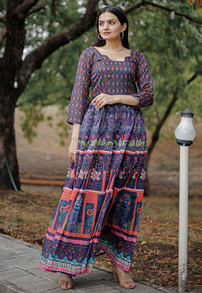 Digital Printed Chanderi Silk Gown in Blue