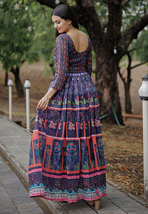 Digital Printed Chanderi Silk Gown in Blue