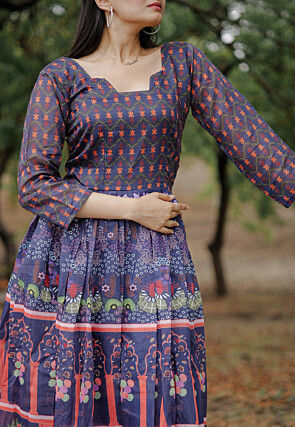 Digital Printed Chanderi Silk Gown in Blue