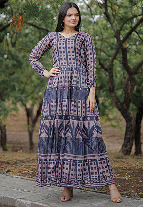 Digital Printed Chanderi Silk Gown in Blue