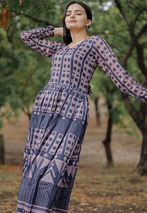 Digital Printed Chanderi Silk Gown in Blue