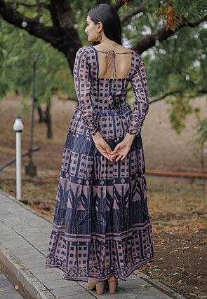 Digital Printed Chanderi Silk Gown in Blue