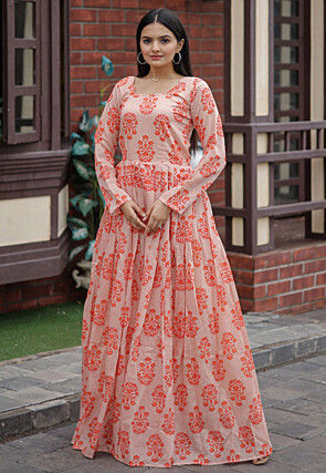 Digital Printed Chanderi Silk Gown in Peach