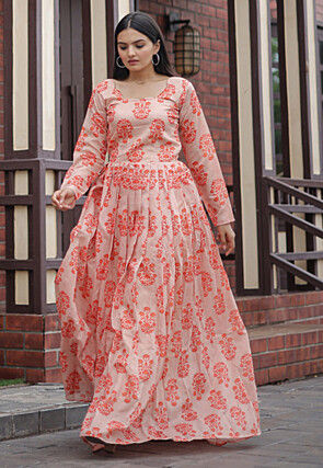 Digital Printed Chanderi Silk Gown in Peach