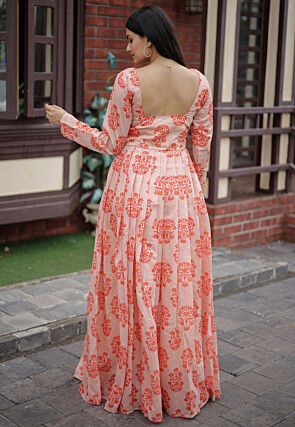 Digital Printed Chanderi Silk Gown in Peach