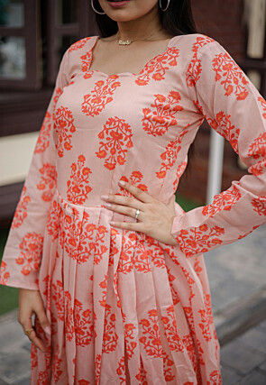 Digital Printed Chanderi Silk Gown in Peach