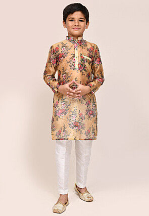 Digital Printed Chanderi Silk Kurta Set in Beige
