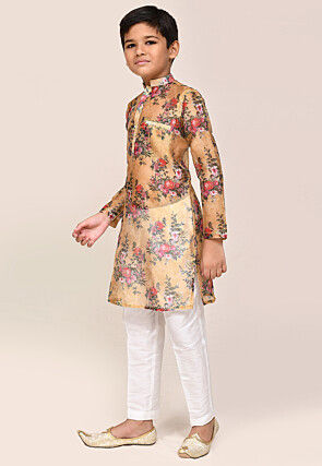 Digital Printed Chanderi Silk Kurta Set in Beige