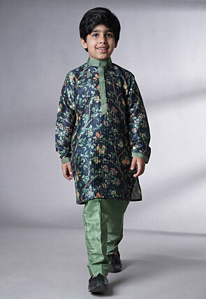 Digital Printed Chanderi Silk Kurta Set in Navy Blue