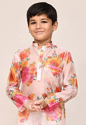 Digital Printed Chanderi Silk Kurta Set in Peach