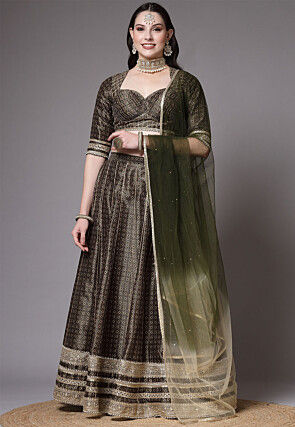 Digital Printed Art Silk Lehenga in Olive Green
