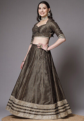 Digital Printed Art Silk Lehenga in Olive Green