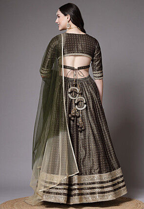 Digital Printed Art Silk Lehenga in Olive Green