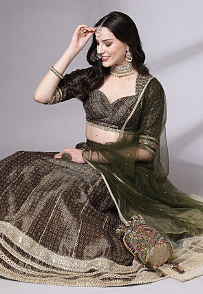 Digital Printed Art Silk Lehenga in Olive Green