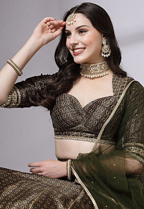 Digital Printed Art Silk Lehenga in Olive Green