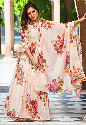 Digital Printed Chanderi Silk Lehenga in Light Beige