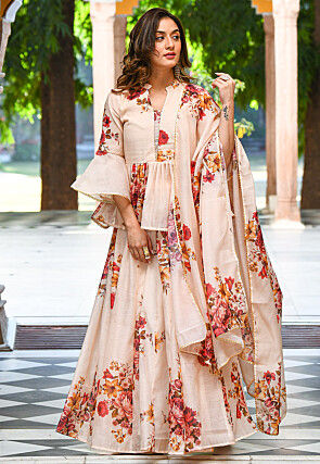 Digital Printed Chanderi Silk Lehenga in Light Beige
