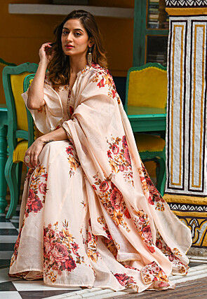 Digital Printed Chanderi Silk Lehenga in Light Beige