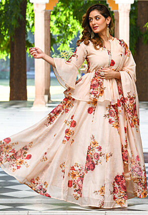 Digital Printed Chanderi Silk Lehenga in Light Beige