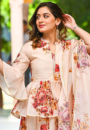 Digital Printed Chanderi Silk Lehenga in Light Beige