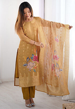 Digital Printed Chanderi Silk Pakistani Suit in Beige