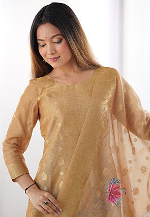 Digital Printed Chanderi Silk Pakistani Suit in Beige