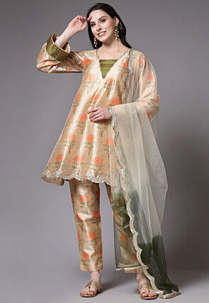 Digital Printed Art Silk Pakistani Suit in Beige