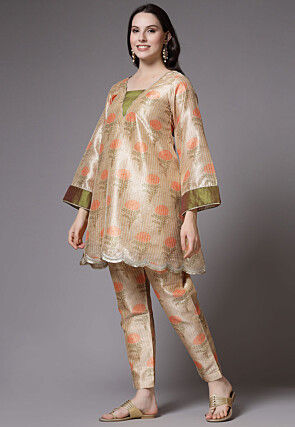 Digital Printed Art Silk Pakistani Suit in Beige