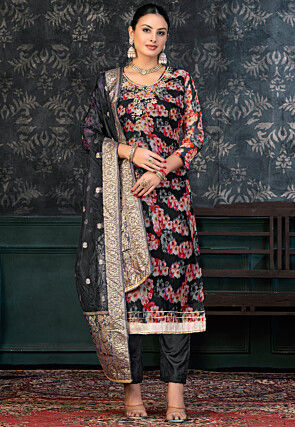 Digital Printed Chanderi Silk Pakistani Suit in Black