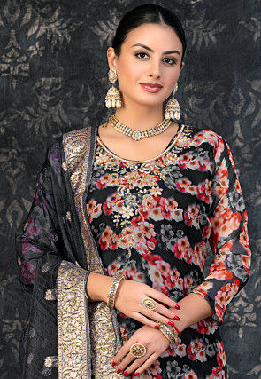 Digital Printed Chanderi Silk Pakistani Suit in Black