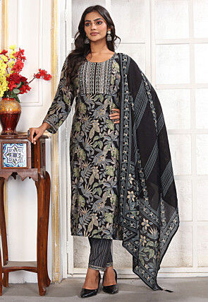 Digital Printed Chanderi Silk Pakistani Suit in Black