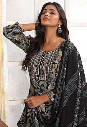 Digital Printed Chanderi Silk Pakistani Suit in Black