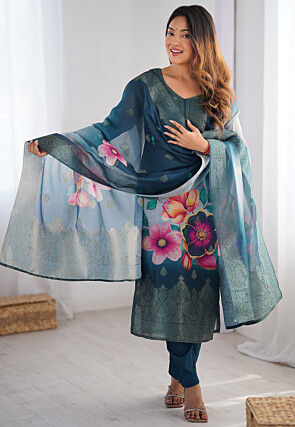 Digital Printed Chanderi Silk Pakistani Suit in Dark Teal Blue
