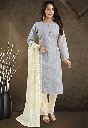 Digital Printed Chanderi Silk Pakistani Suit in Grey