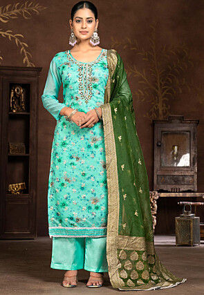 Digital Printed Chanderi Silk Pakistani Suit in Light Blue