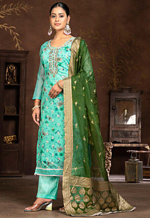 Digital Printed Chanderi Silk Pakistani Suit in Light Blue