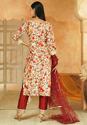 Digital Printed Chanderi Silk Pakistani Suit in Beige