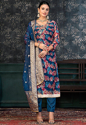 Digital Printed Chanderi Silk Pakistani Suit in Navy Blue