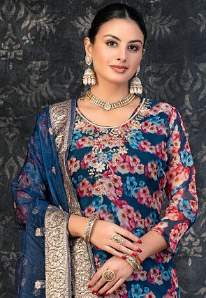 Digital Printed Chanderi Silk Pakistani Suit in Navy Blue