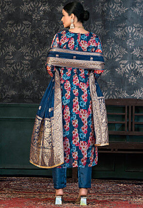 Digital Printed Chanderi Silk Pakistani Suit in Navy Blue