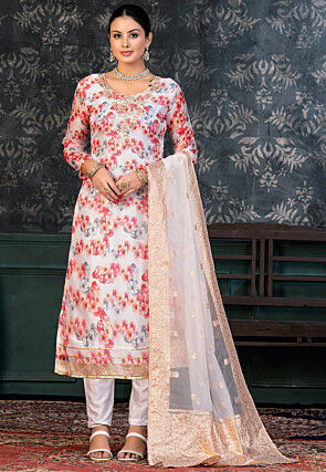Digital Printed Chanderi Silk Pakistani Suit in Off White