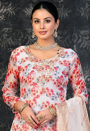 Digital Printed Chanderi Silk Pakistani Suit in Off White